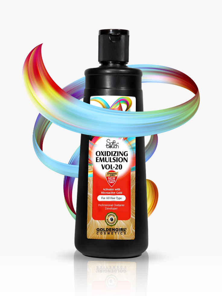 Bottle of oxidizing emulsion with colorful circular designs on a white background