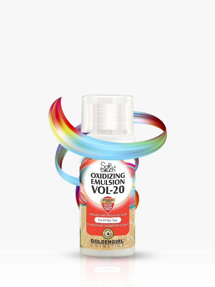 Bottle of oxidizing emulsion with colorful swirls on a white background