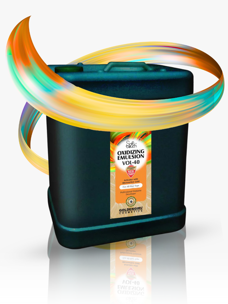 Container of oxidizing emulsion with a colorful hoop on a white background