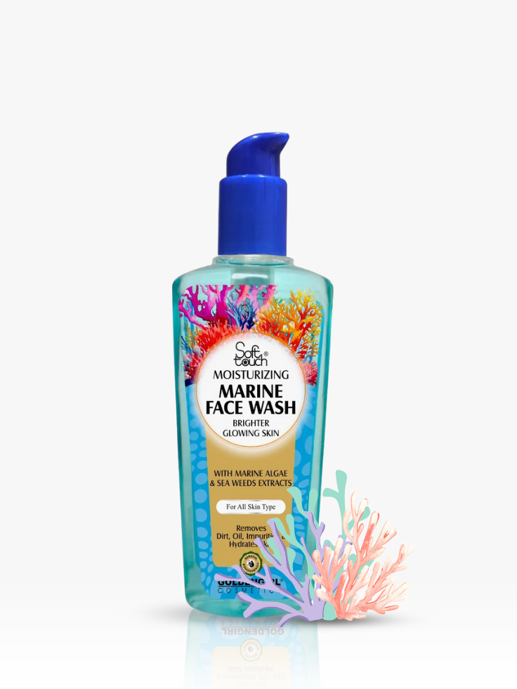 Marine face wash bottle with colorful label on a white background