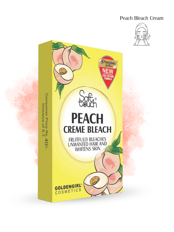 Box of Peach Creme Bleach with peach illustrations on a white background