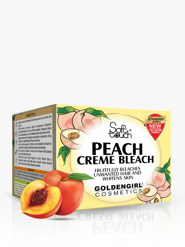 Peach creme bleach packaging with peaches and text on a white background