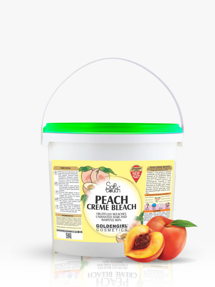 Peach creme bleach container with label and peach illustrations on a white background