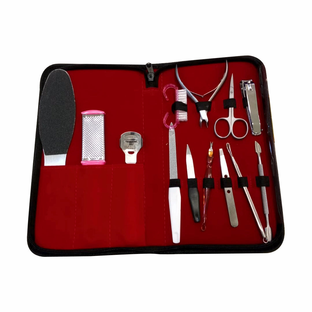 “Areej Pedicure Kit 13 Pcs — set of 13 foot care and pedicure tools for home use, including files, cuticle pushers, nail clippers, scrubbers, and other metal grooming instruments arranged neatly.” 