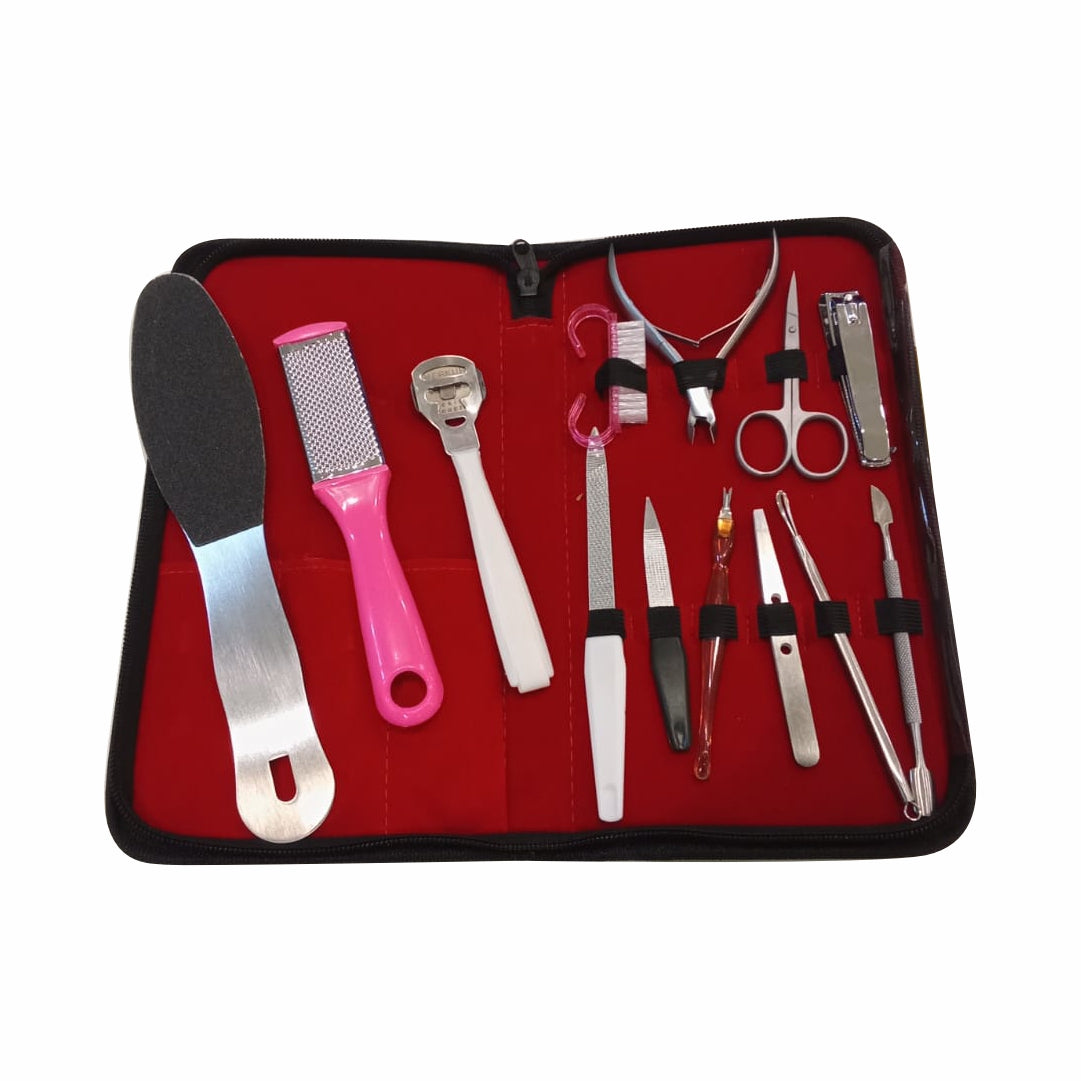 “Areej Pedicure Kit 13 Pcs — set of 13 foot care and pedicure tools for home use, including files, cuticle pushers, nail clippers, scrubbers, and other metal grooming instruments arranged neatly.” 