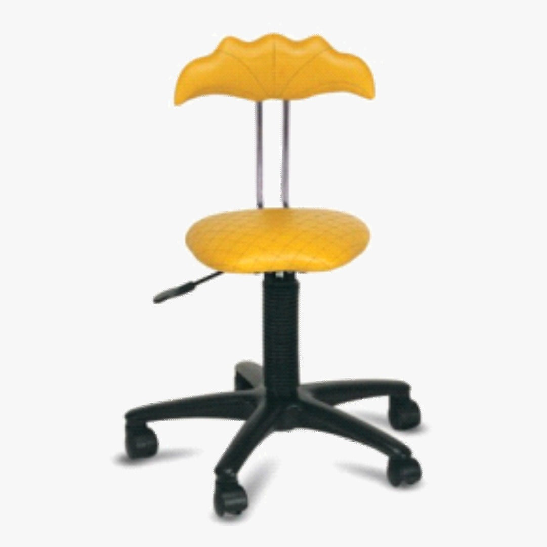 A yellow pedicure chair with a black metal frame and adjustable height mechanism.