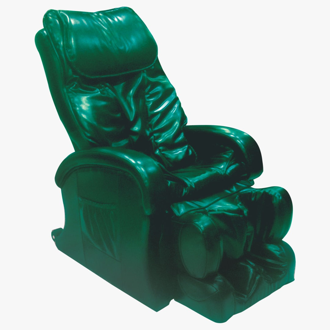 A green pedicure station or body massager chair with a cushioned seat and backrest.