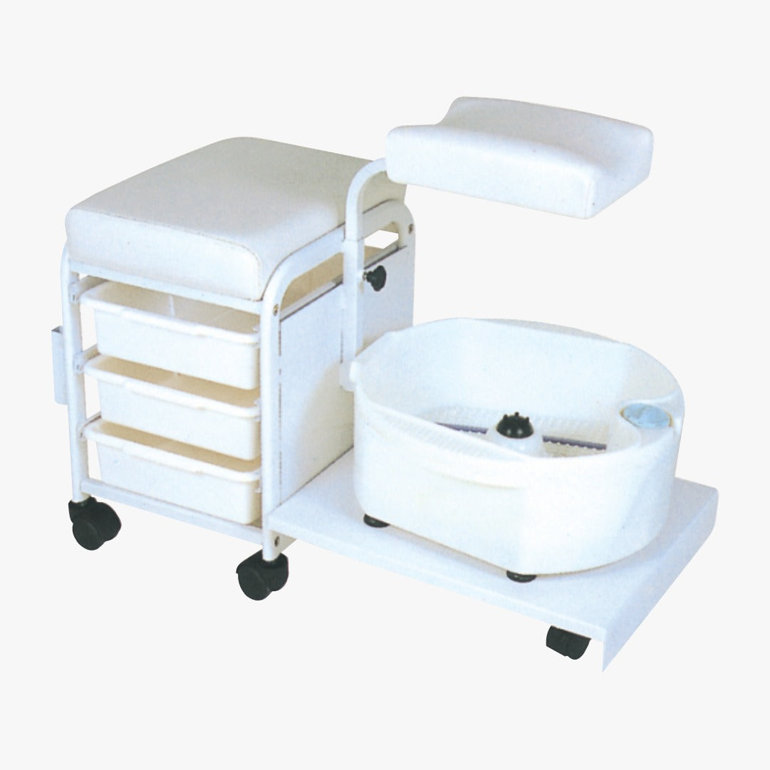 A white pedicure station or body massager with a comfortable sitting area, a spacious basin, and additional storage compartments on wheels.