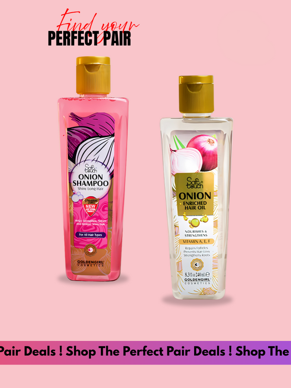 Two bottles of Dabur Onion Shampoo and Hair Oil on a pink background with promotional text.