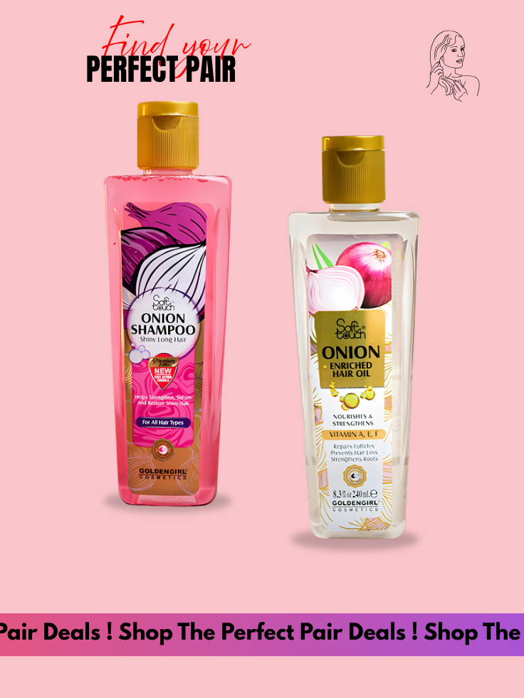 Two bottles of Dabur Onion Shampoo and Hair Oil on a pink background with promotional text.