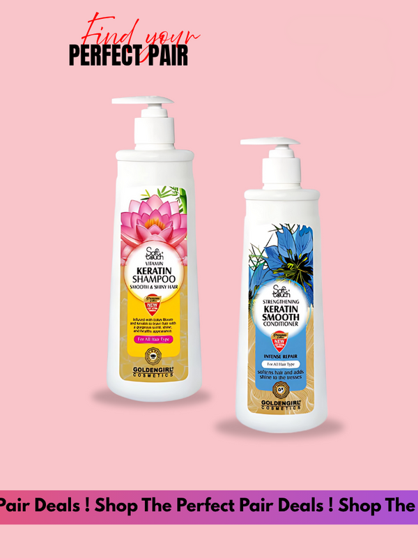 Two bottles of shampoo and conditioner on a pink background with promotional text.