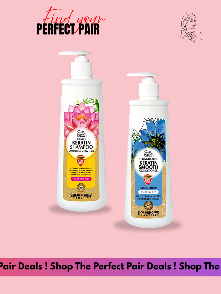 Two bottles of shampoo and conditioner on a pink background with promotional text.