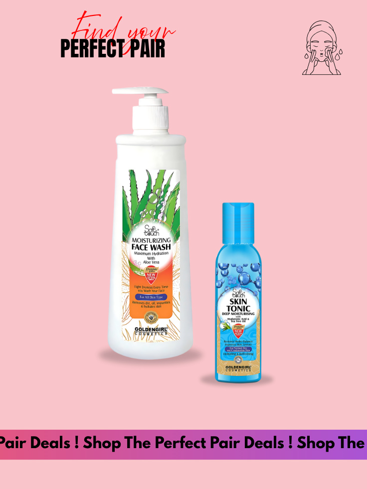 Two skincare products on a pink background with promotional text.