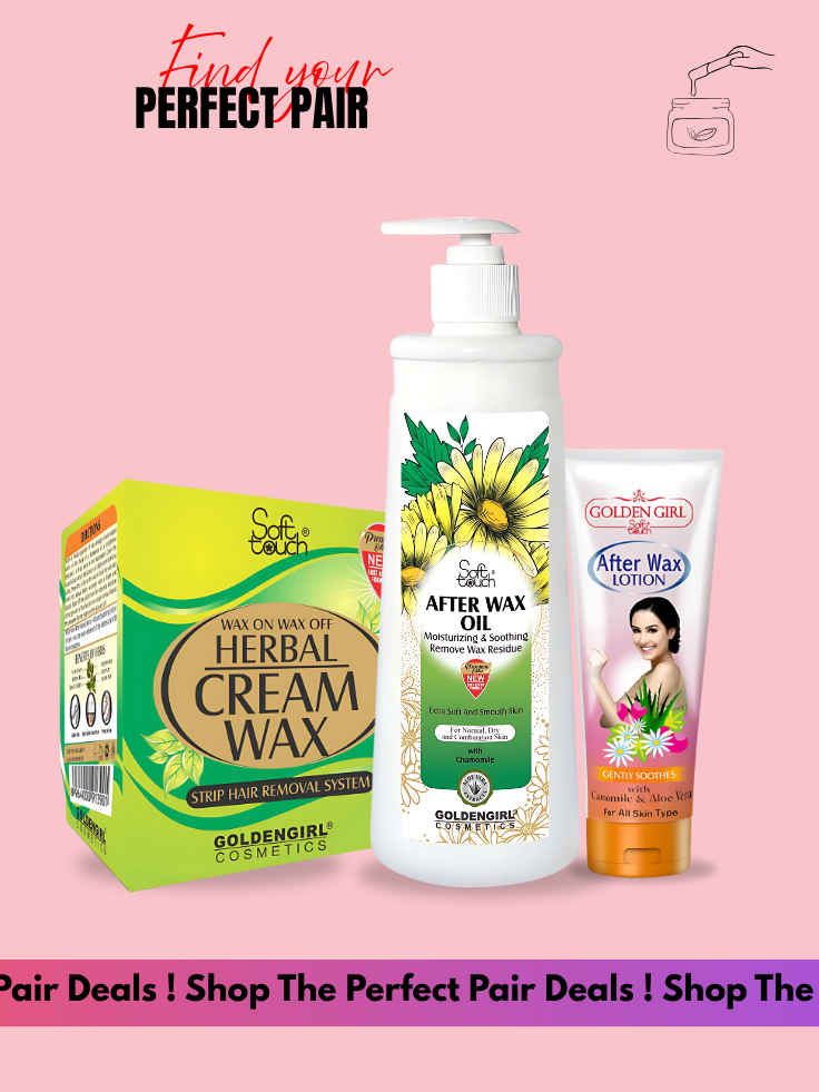 Set of Golden Girl cosmetic products including cream wax, after wax oil, and lotion on a pink background.