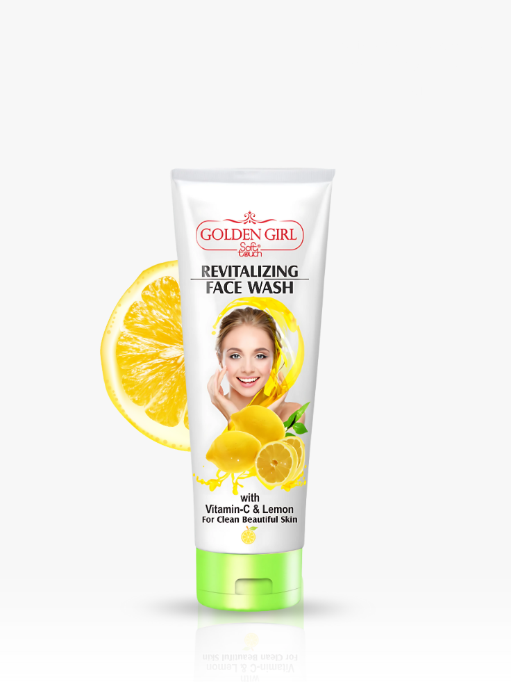 Tube of Golden Girl Revitalizing Face Wash with lemon slices on a white background