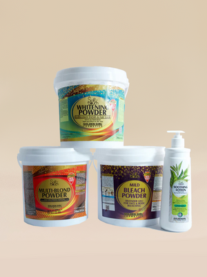 Collection of hair care products including powders and a lotion on a beige background