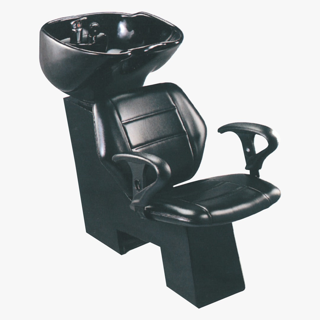 A modern black salon shampoo chair with a stainless steel bowl on top and a padded interior for client comfort.