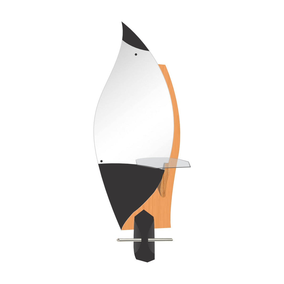 A sleek, modern salon mirror with a leaf-shaped design, featuring a black metal frame and orange-white color gradient.