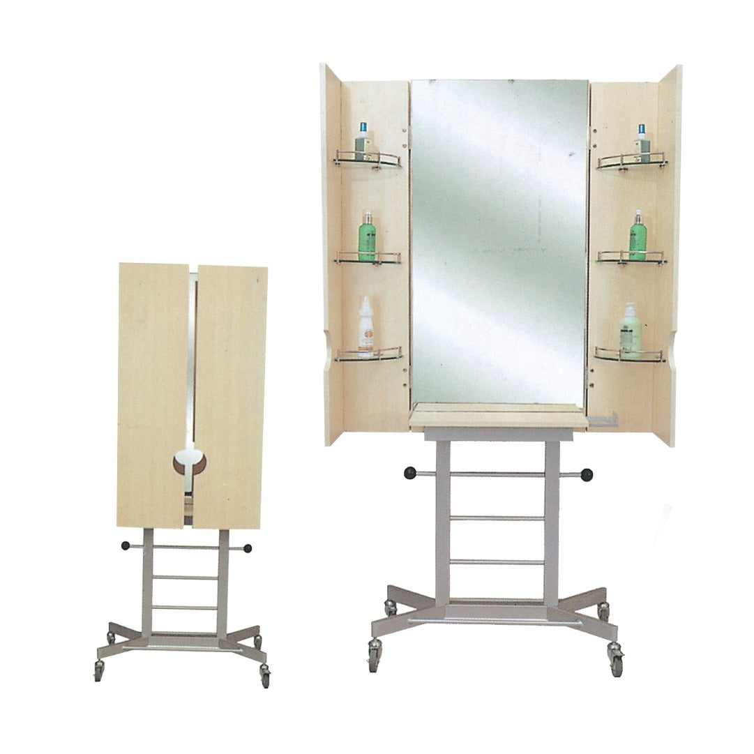 A salon mirror with joint corners, displayed in both open and closed positions, showing shelves with bottles on the open version.