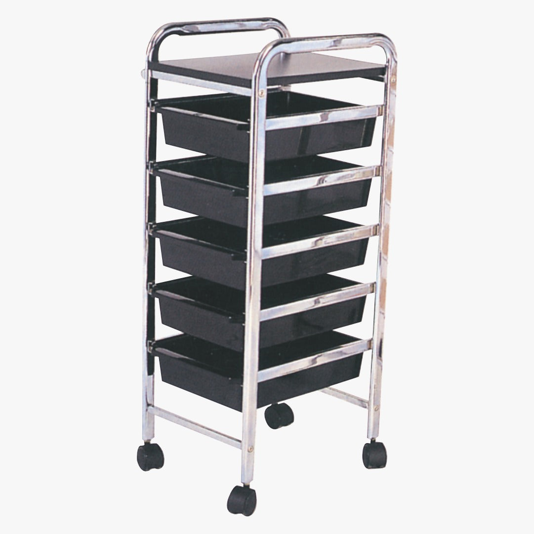 A black salon trolley with multiple shelves and four wheels, featuring a metallic frame and plastic containers.