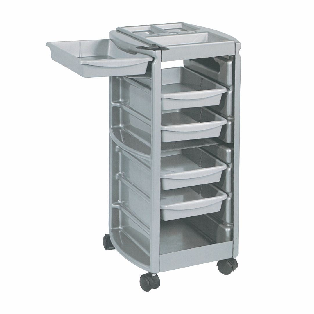 A gray salon trolley with multiple shelves and wheels for mobility, designed for hairdressing and cosmetology use.