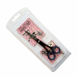 A pair of 5-inch barber scissors in hair cutting style, packaged in a clear plastic case with a decorative design at the top.