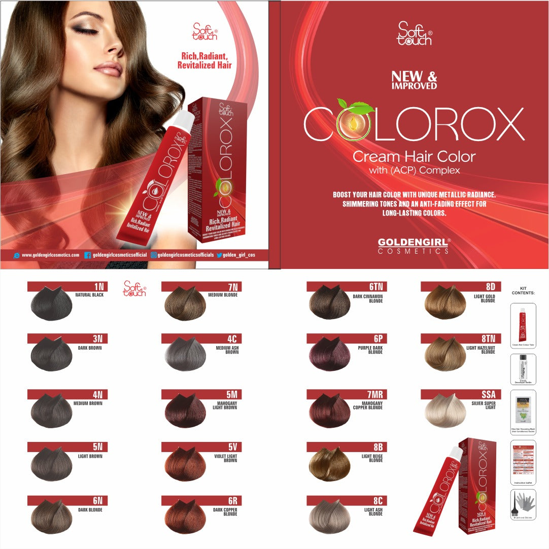 A collage of hair color shade cards from Golden Girl Cosmetics, featuring various hair color swatches and their corresponding product codes.