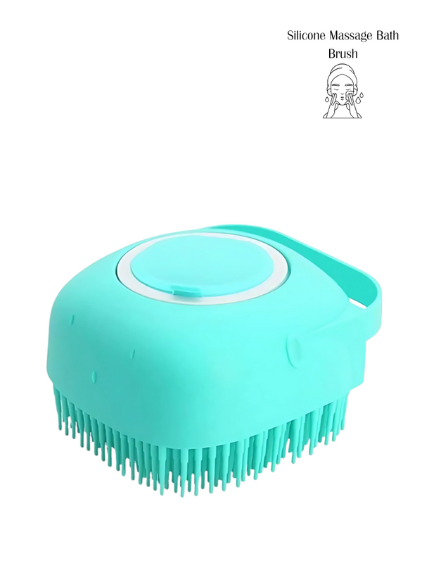 Turquoise silicone massage bath brush on a white background