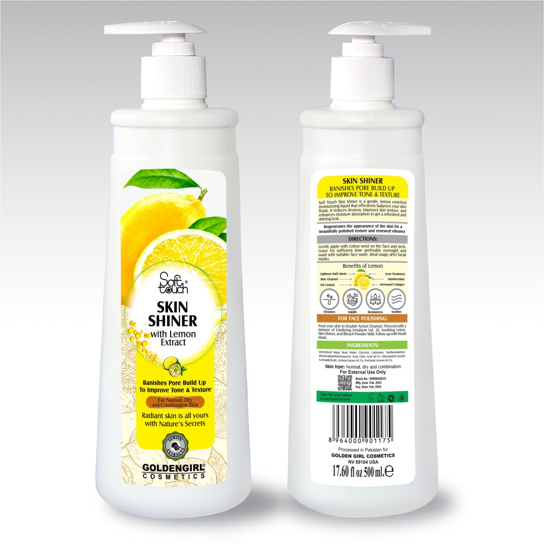 Two bottles of Goldengirl Cosmetics Skin Shiner with Lemon Extract on a white background