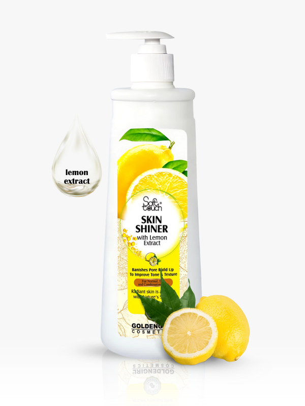Bottle of Golden Cosmetics Skin Shiner with lemon extract on a white background
