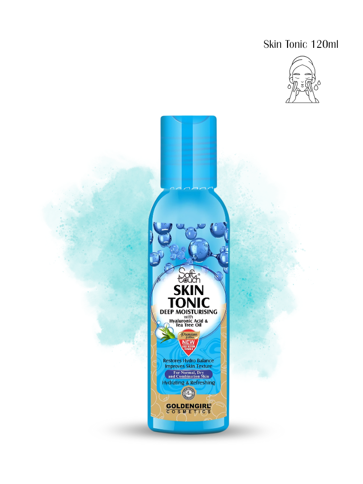 Blue bottle of Golden Girl Skin Tonic with branding and product details on a white background