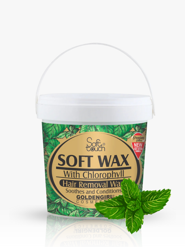 Container of Soft Wax with Chlorophyll hair removal wax from GoldenGirl Cosmetics on a white background.