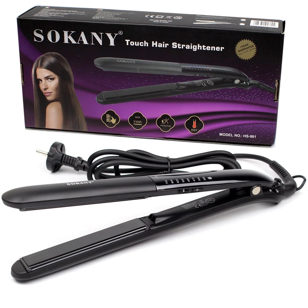 A Sokany touch hair straightener with a black color, displayed alongside its packaging box which has an image of a woman using the straightener.
