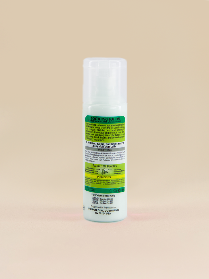 Lotion bottle with green label on a beige background