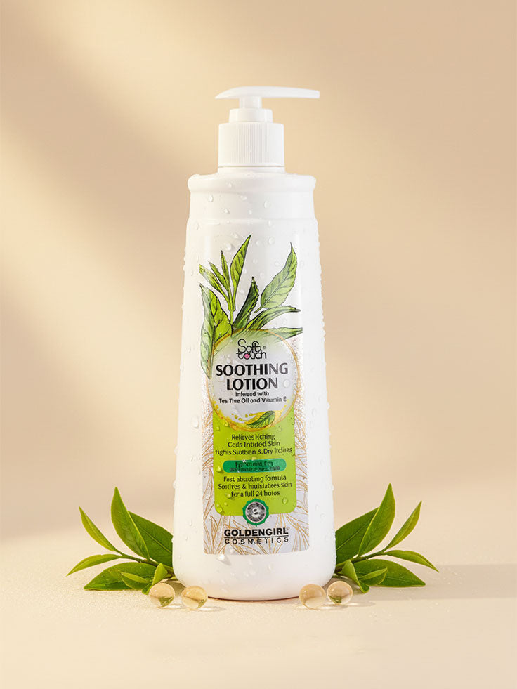 Bottle of Goldengiraffe Soothing Lotion with green leaves on a beige background