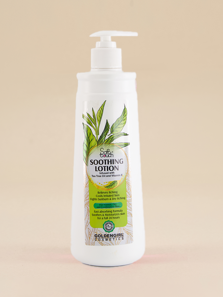 White bottle of Goldenseal Soothing Lotion with green leaf design on a beige background