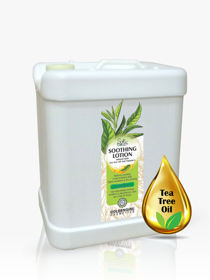 White container of soothing lotion with tea tree oil label on a white background