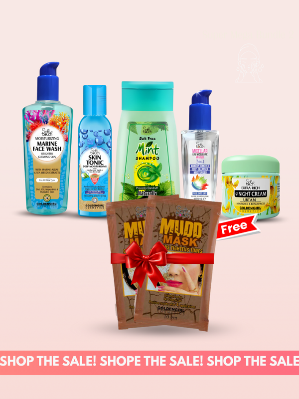 Collection of beauty products including bottles and a jar on a light pink background with promotional text.
