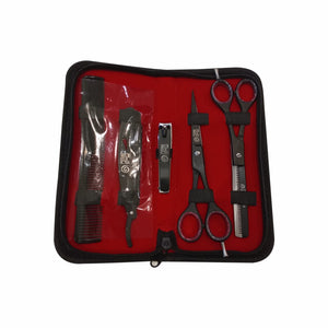 A red zippered case opened to display a set of professional hairdressing tools including scissors, a comb, and a nail cutter.