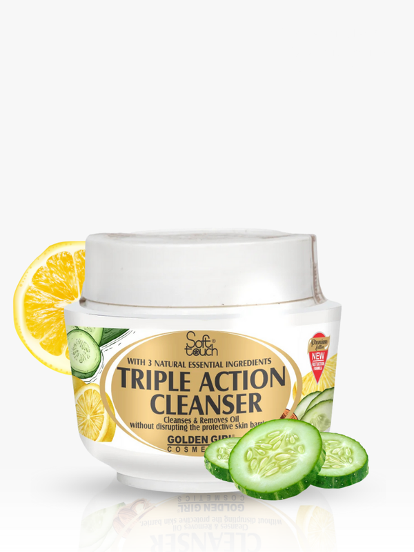 Triple Action Cleanser jar with lemon and cucumber slices on a white background