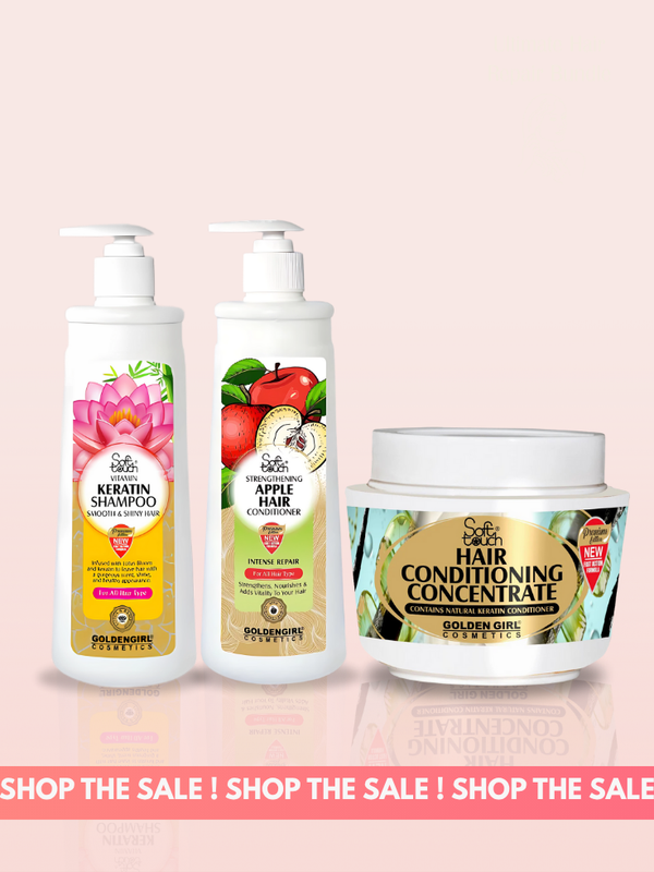 Three hair care products with labels on a pink background, featuring promotional text at the bottom.