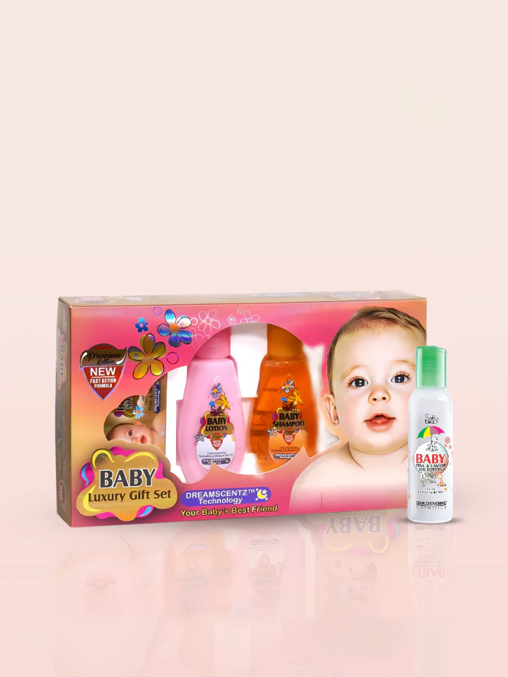 Baby luxury gift set with products and a baby's face on a pink background