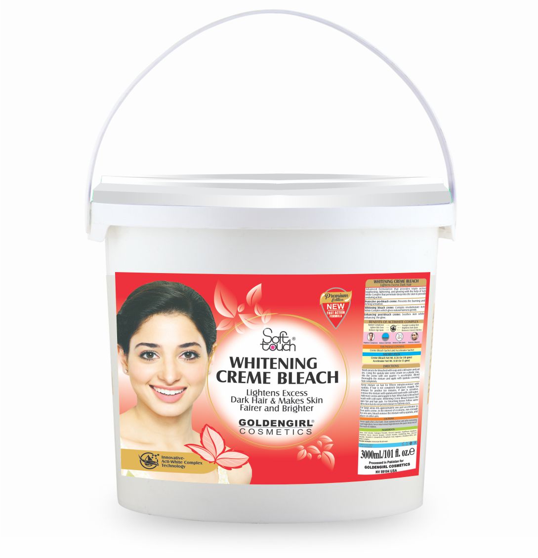 White container with a red label featuring a woman's face on a white background