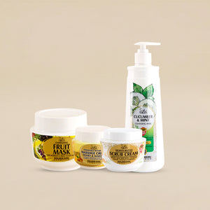 Set of skincare products including a fruit mask, scrub cream, and cleansing milk on a beige background