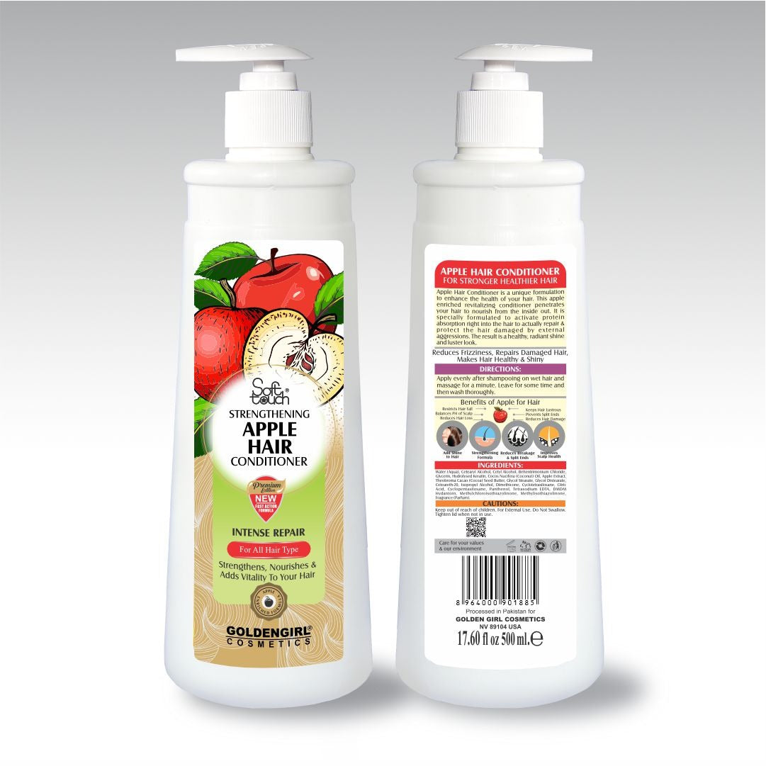 Two bottles of Golden Girl Soft Touch Apple Hair Conditioner, one showing the front label with product details and the other showing the back label with ingredients and usage instructions.