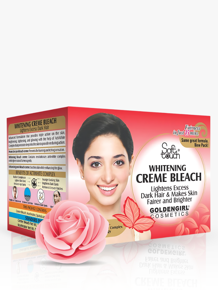 Box of Soft Touch Whitening Creme Bleach with a woman's face and a pink rose on a white background