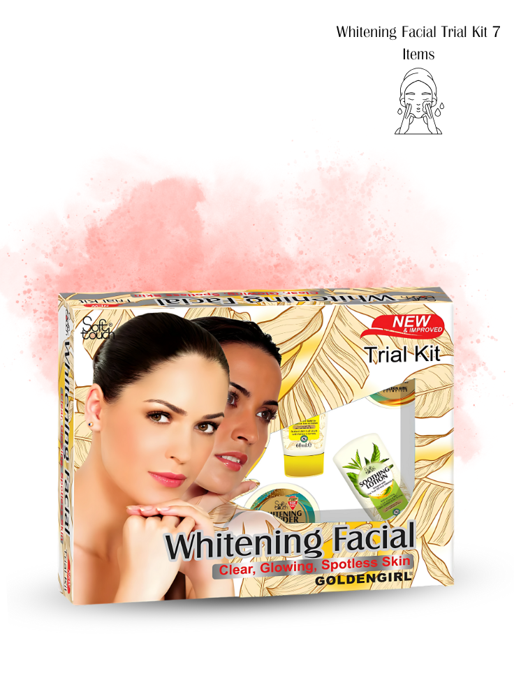 Whitening facial kit packaging with images of women and product details on a white background