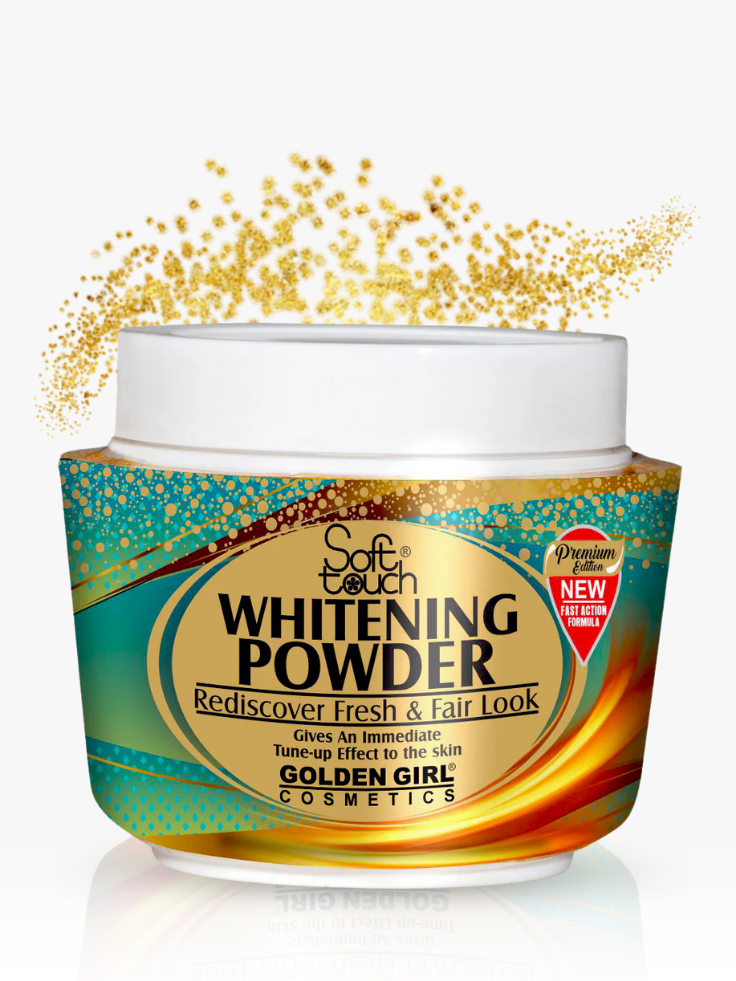 Jar of Soft Touch Whitening Powder with gold powder spilling out on a white background