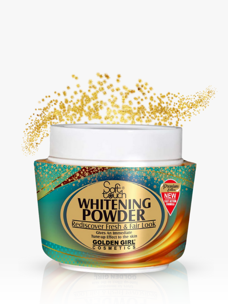 Jar of Soft Touch Whitening Powder with gold powder on a white background