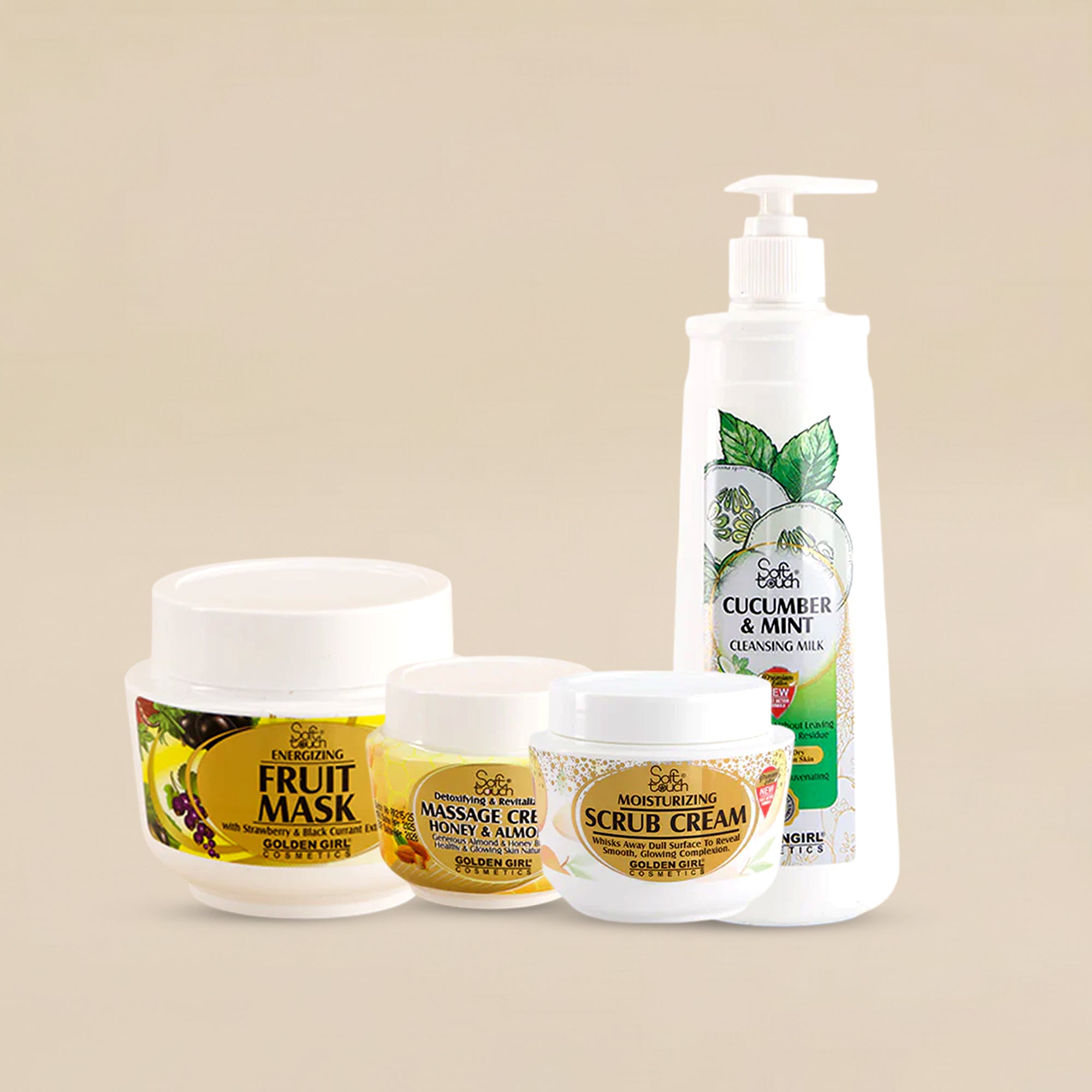 Set of skincare products including a fruit mask, massage cream, scrub cream, and a cucumber and mint cleansing milk on a beige background.